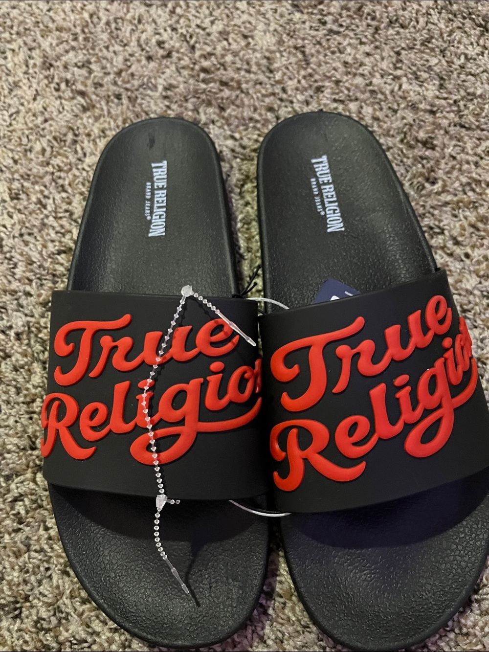 True Religion Black Slides with Red Raised Logo